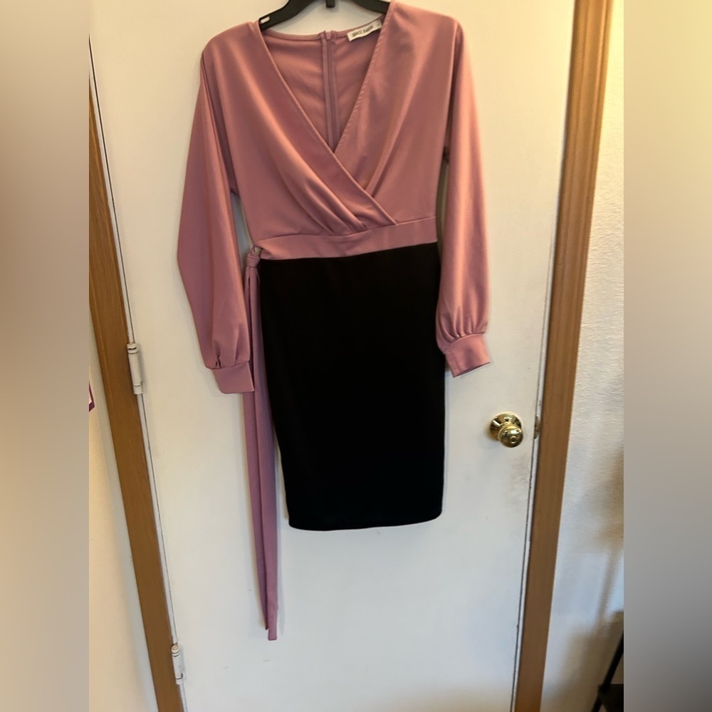 Grace Karin, small faux wrap, color block dress with tie
